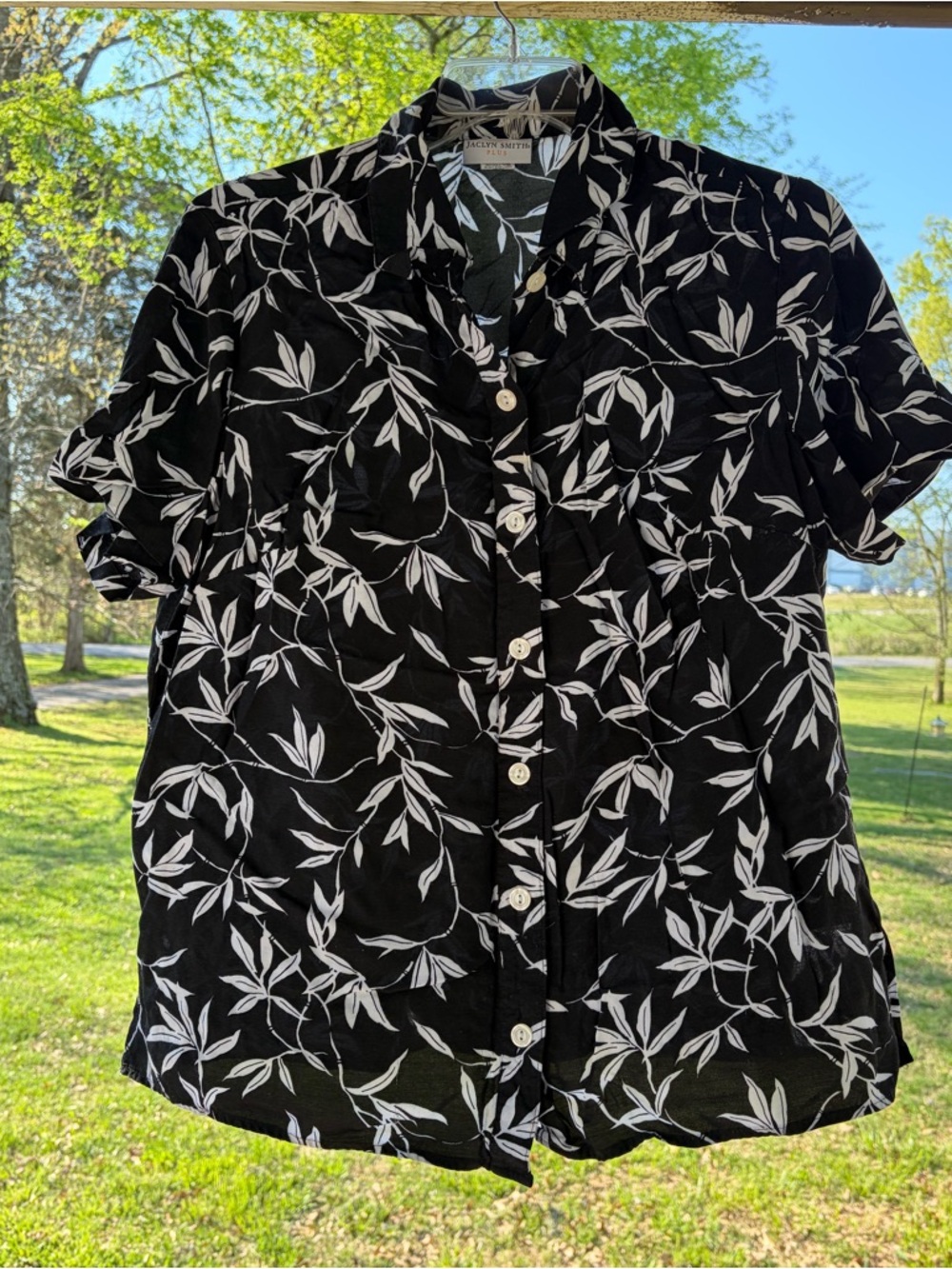 VTG Jacqueline Smith Plus Button Blouse Black White Floral Cruise Beach 16 USA